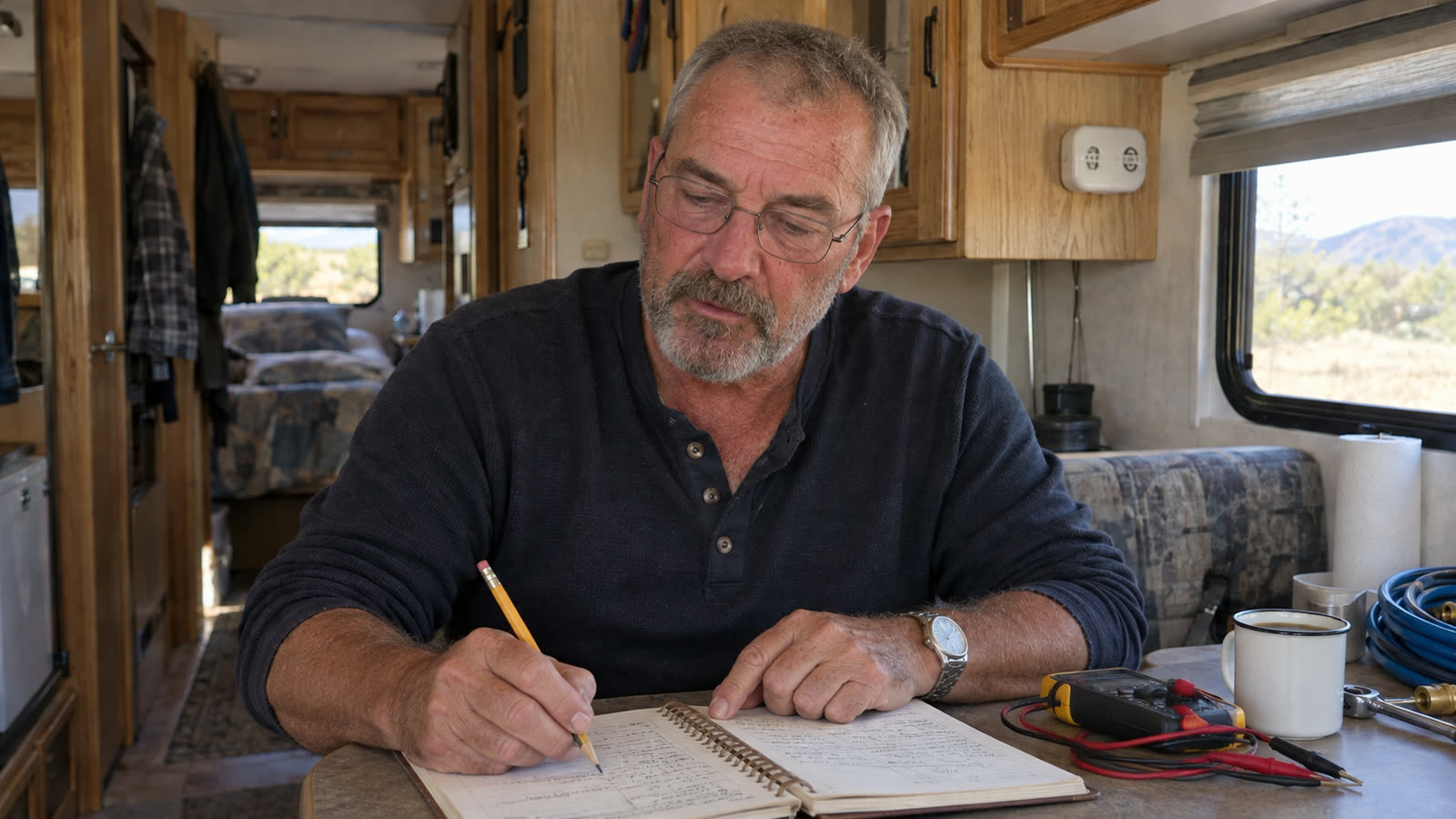 Ray Kessler writing in his maintenance log inside his travel trailer