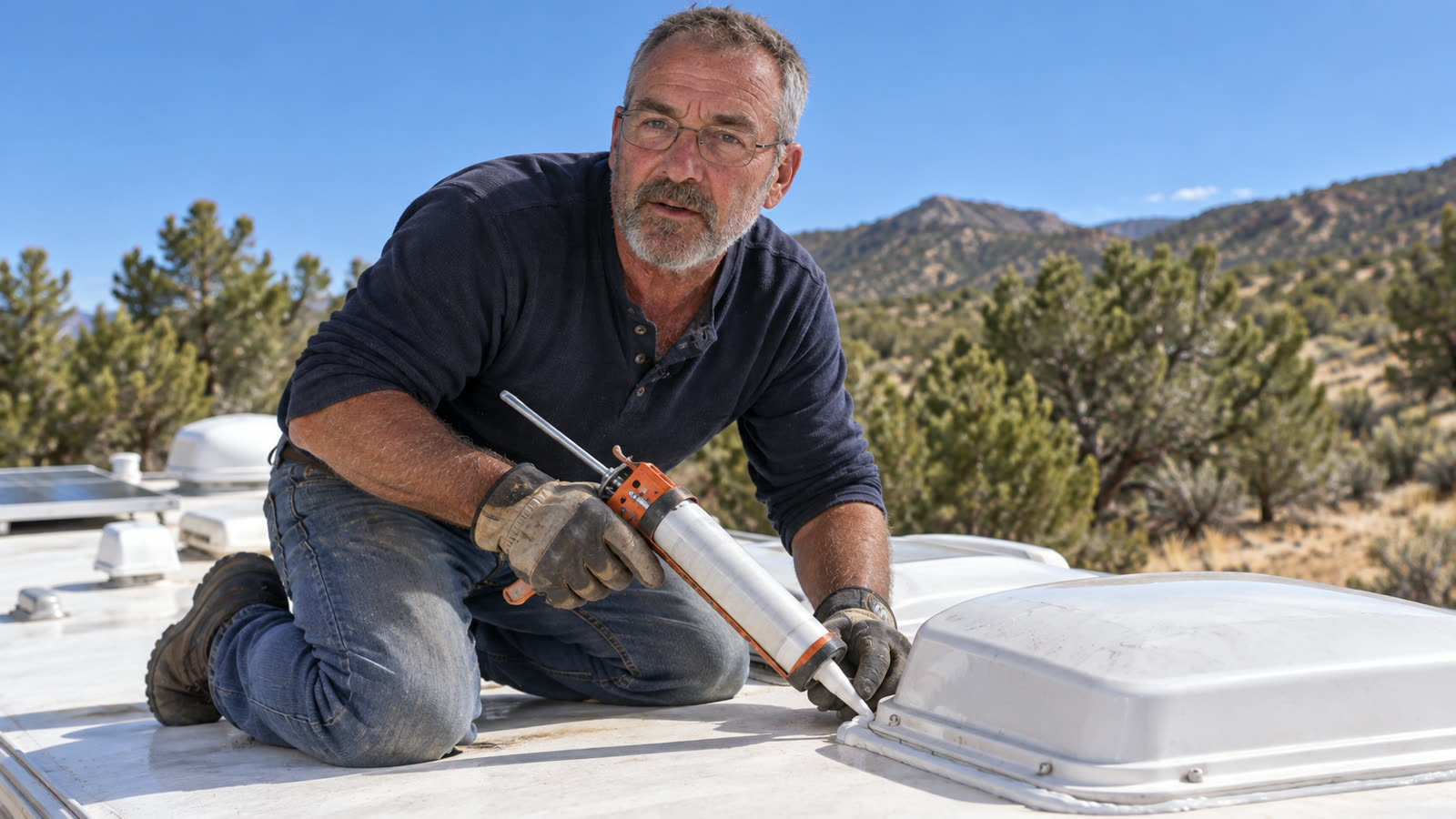 Ray resealing a roof vent on his travel trailer